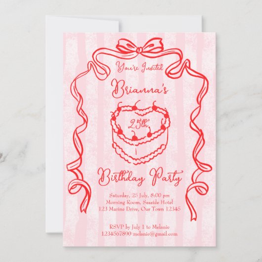 Invitation Cerise gâteau rose coquette arc fête d'anniversair (Devant)