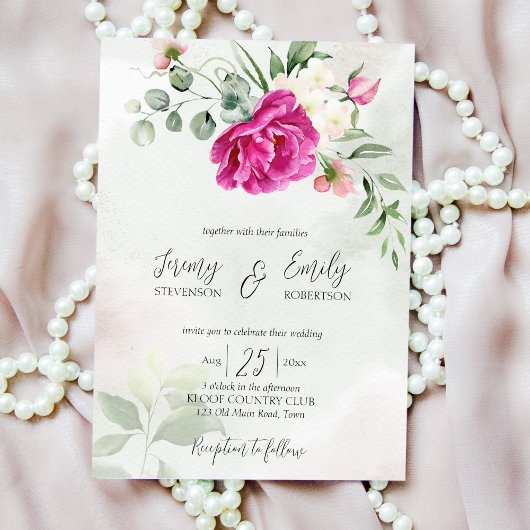 Invitation Cérise magenta peony eucalyptus watercolor invitat