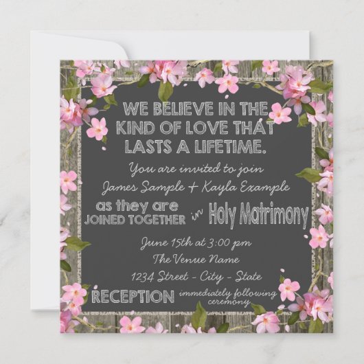 Invitation Cerise rose Rustique Grange Mariage de chalk de bo (Devant)