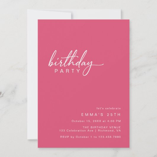Invitation Cerise rose | Typographie moderne simple Anniversa (Devant)