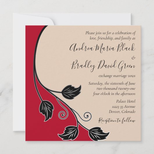 Invitation Cerise Rouge Champagne Black Leafy Vine Mariage (Devant)