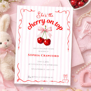 Invitation Cerise Rouge sur le dessus Nœud Rose Cerises Baby