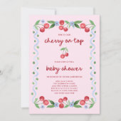 Invitation Cerise sur le dessus | Baby shower blanc de script (Devant)