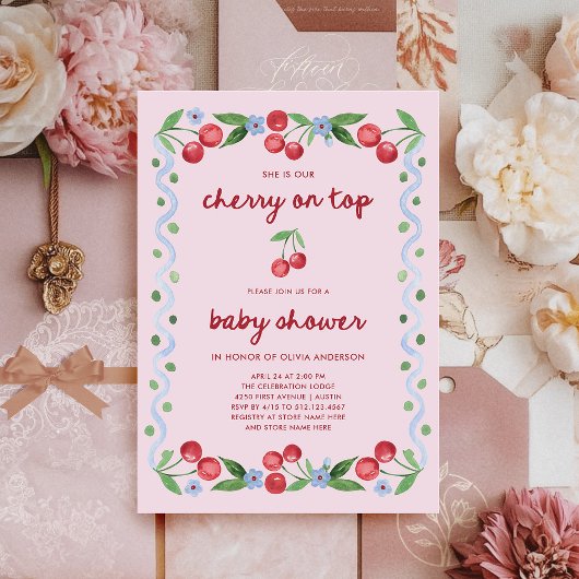 Invitation Cerise sur le dessus | Baby shower blanc de script