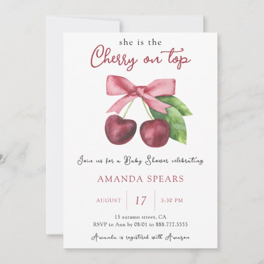 Invitation Cerise sur le dessus bébé fille douche (Devant)