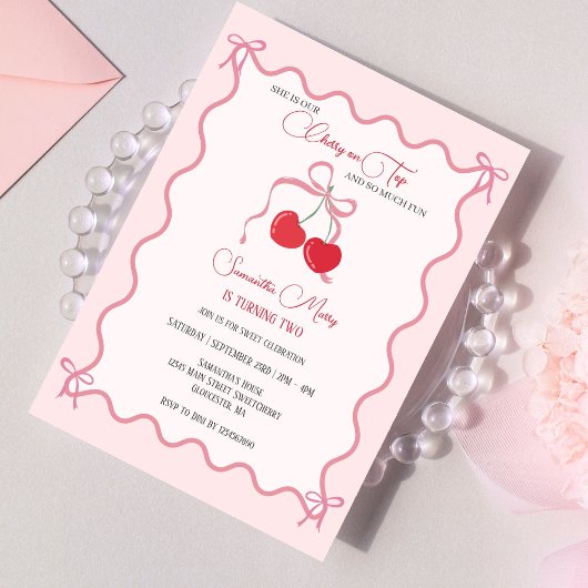 Invitation Cerise sur le dessus Bow rose Anniversaire N'impor