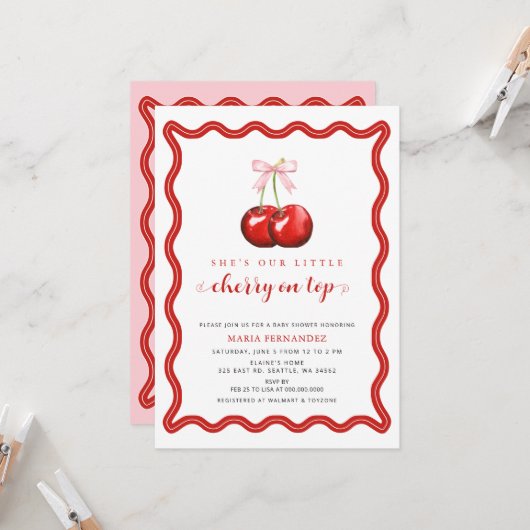 Invitation Cerise sur le dessus Coquette Baby shower de fille (Devant/Arrière en situation)