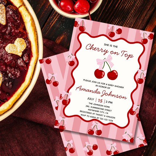Invitation Cerise sur le dessus Coquette Bow rose fille Baby 