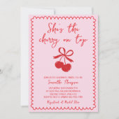 Invitation Cerise sur le dessus rose et rouge Fête des mariée (Devant)