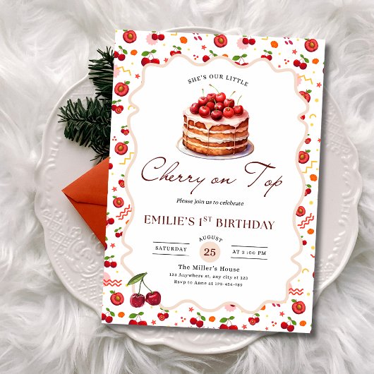 Invitation Cerise sur le Gâteau Thème de Gâteau pour Fille de