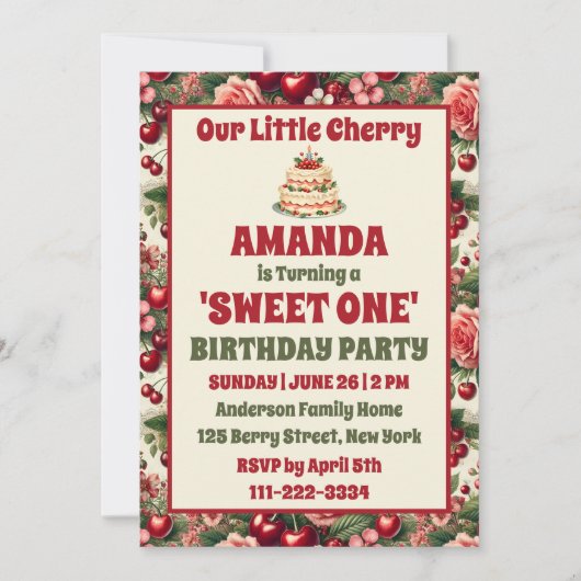 Invitation Cerise vintage 'Sweet One' 1er anniversaire (Devant)