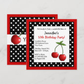 Invitation Cerises rouges Anniversaire Pois noirs et blancs (Devant / Derrière)