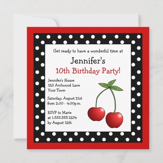 Invitation Cerises rouges Anniversaire Pois noirs et blancs (Devant)