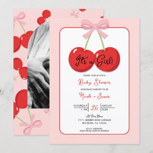 Invitation Cerises Rouges avec Nœud Rose Coquette Baby Shower