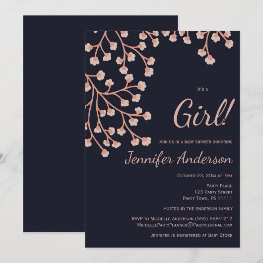 Invitation Cerisier Fleur rose Bleu Baby shower fille (Devant / Derrière)