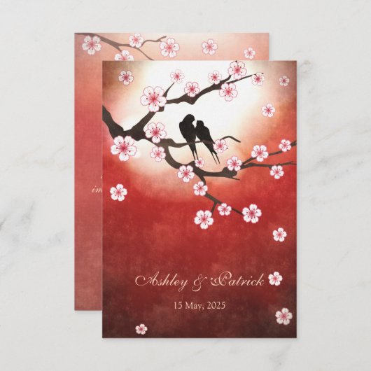 Invitation Cerisier Fleurs de Sakura & Oiseaux de l'AmourRéce (Devant / Derrière)
