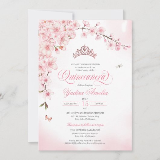 Invitation Cerisier Rose en fleurs Or Tiara rose Quinceañera (Devant)