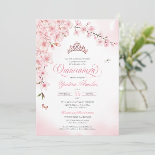 Invitation Cerisier Rose en fleurs Or Tiara rose Quinceañera (Debout devant)