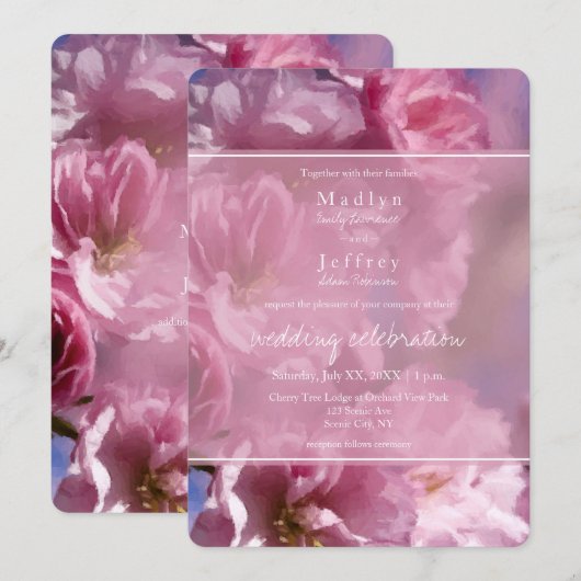 Invitation cerisier rose fleurs mariage de printemps (Devant / Derrière)