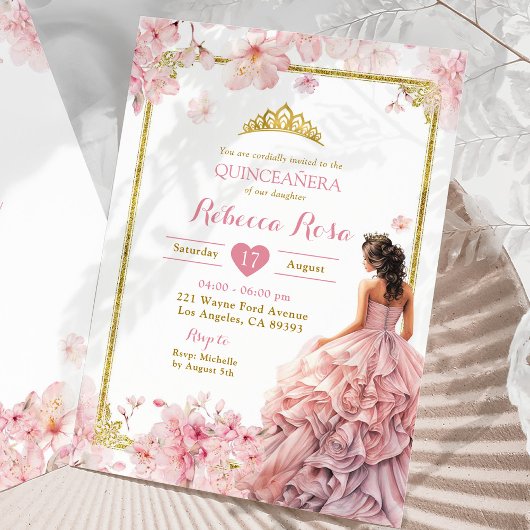 Invitation Cerisier rose or Princesse Quinceañera