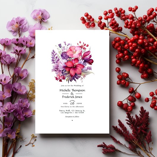 Invitation Cerisier rouge et Mariage de automne floral mauve