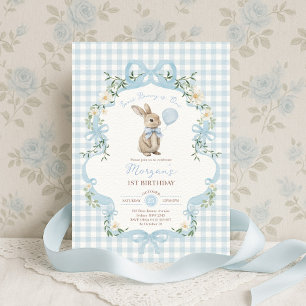 Invitation Certains Lapin a un Ruban Bleu Gingham pour son 1e