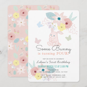 Invitation Certains Lapin Rose Floral Papillon Fille Annivers