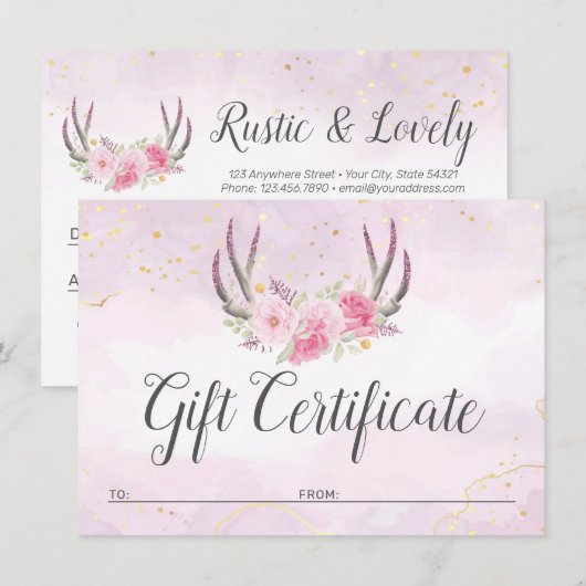 Invitation Certificat cadeau Blush Pink Or Antlers Chic Card (Devant / Derrière)