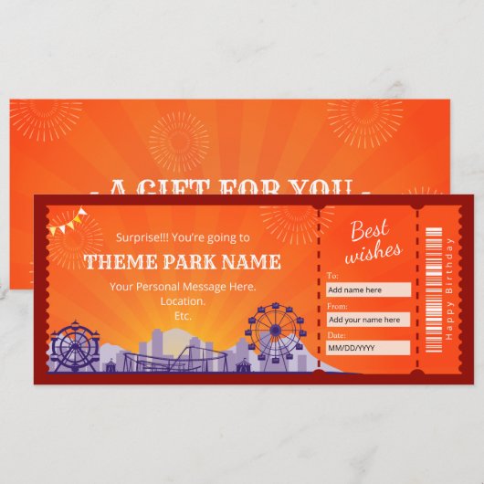 Invitation Certificat cadeau de parc d'attractions (Devant / Derrière)