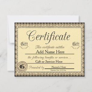 Invitation Certificat cadeau d'or personnalisé pour les invit