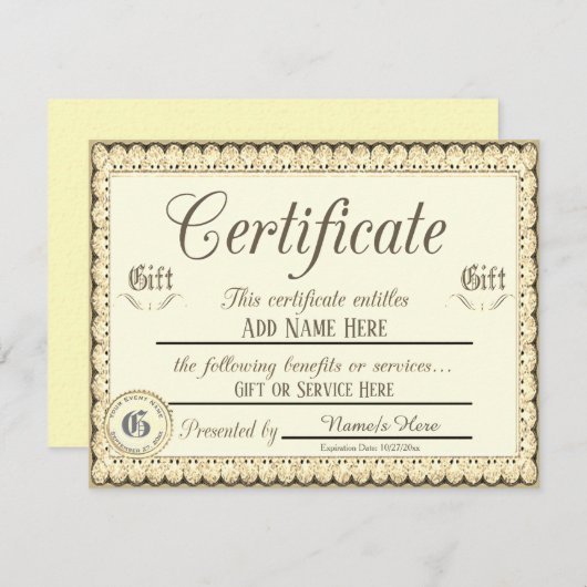 Invitation Certificat cadeau Gold (Devant / Derrière)