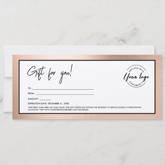 Invitation Certificat Cadeau Moderne Rose Gold Ajouter Logo (Devant)