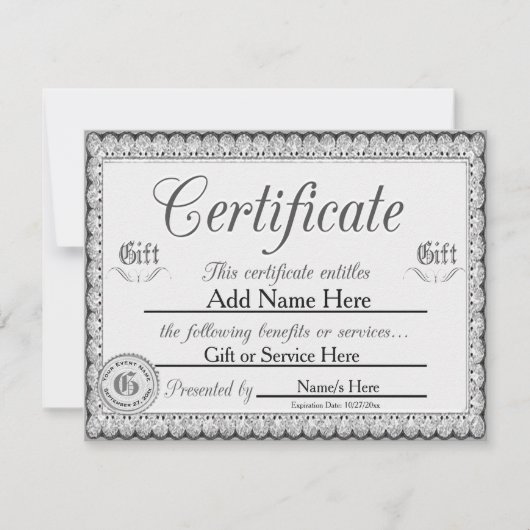 Invitation Certificat cadeau Silver personnalisé pour les inv (Devant)