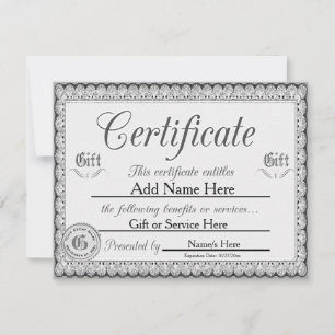 Invitation Certificat cadeau Silver personnalisé pour les inv