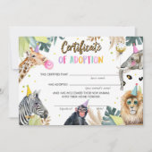 Invitation Certificat d'adoption Safari Party Animaux Anniver (Devant)