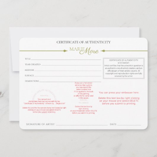 Invitation Certificat d'authenticité (Devant)