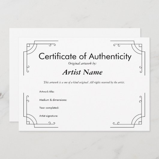Invitation Certificat d'authenticité Art déco personnalisé (Devant / Derrière)