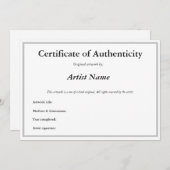 Invitation Certificat d'authenticité personnalisable pour Art (Devant / Derrière)
