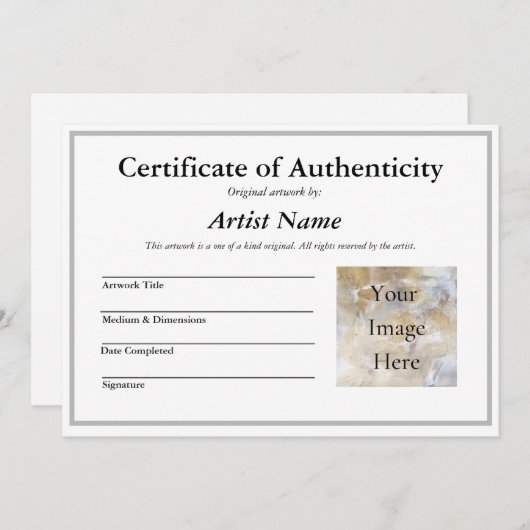 Invitation Certificat d'authenticité pour l'art avec Photo In (Devant / Derrière)