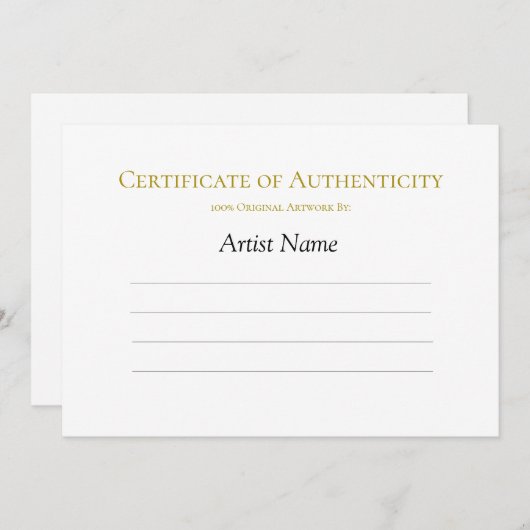 Invitation Certificat d'authenticité pour l'art, minimaliste (Devant / Derrière)