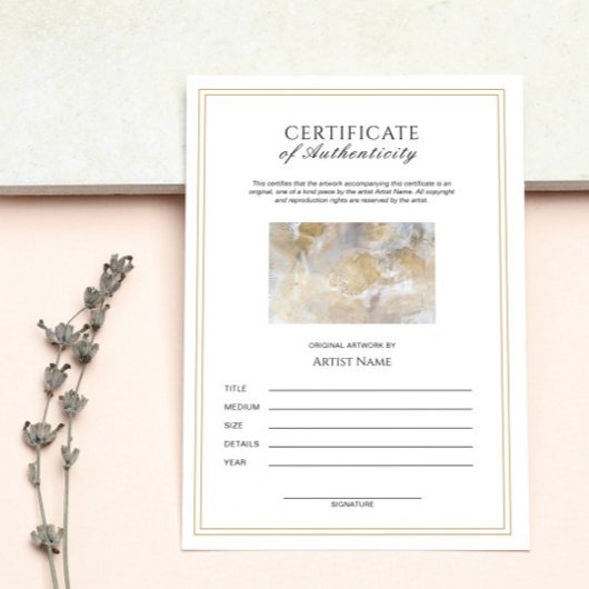Invitation Certificat d'authenticité vertical pour l'œuvre d'