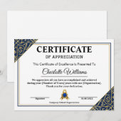 Invitation Certificat de reconnaissance de l'employé Bleu Or (Devant / Derrière)