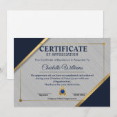 Invitation Certificat de reconnaissance de l'employé bleu or (Devant / Derrière)