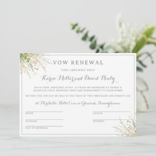 Invitation Certificat de renouvellement de vœux de fleurs sau