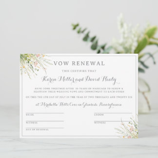 Invitation Certificat de renouvellement de vœux de fleurs sau