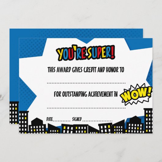 Invitation Certificat Superhero, diplôme (Devant / Derrière)