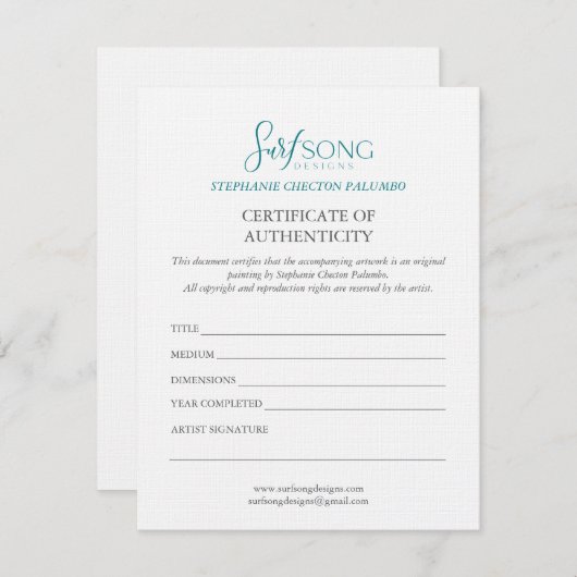 Invitation Certificate of Authenticity For Artwork (Devant / Derrière)