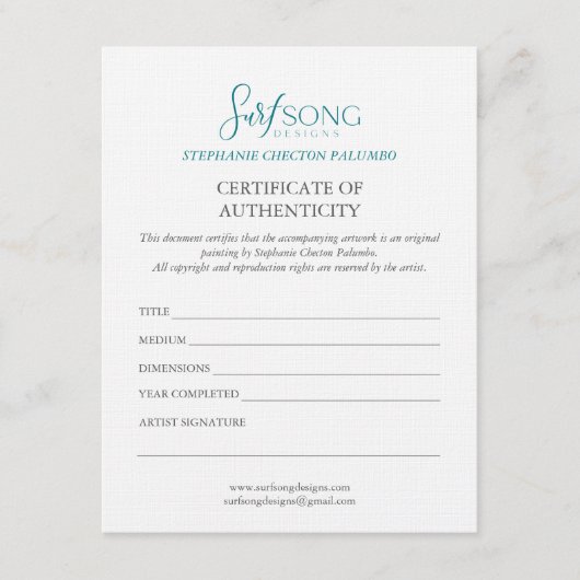 Invitation Certificate of Authenticity For Artwork (Devant)