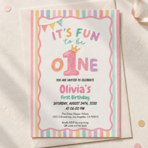 Invitation C'est amusant d'être un an avec des rayures pastel