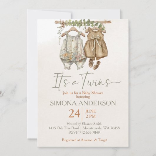 Invitation C'est jumeaux boho vêtements nursery baby shower (Devant)